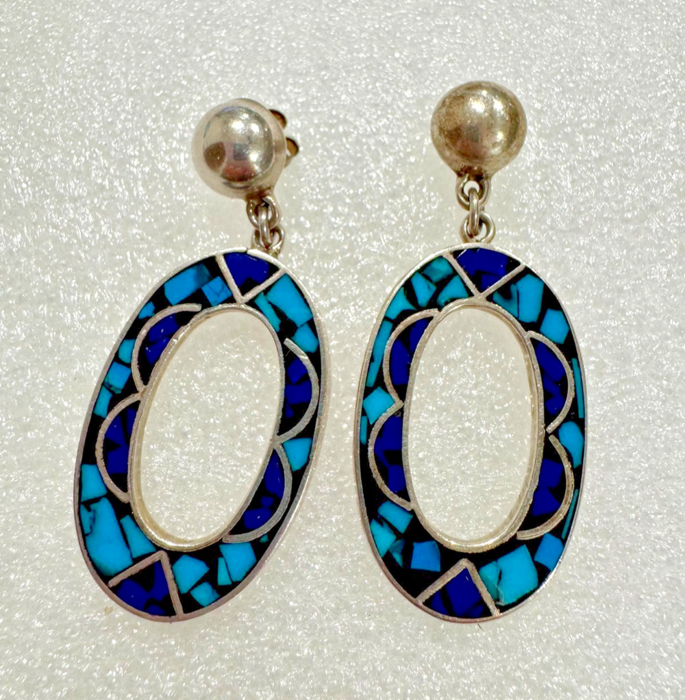 Sterling Silver Taxco Inlay Turquoise Lapis Lazuli Earrings Drop Dangle Mosaic